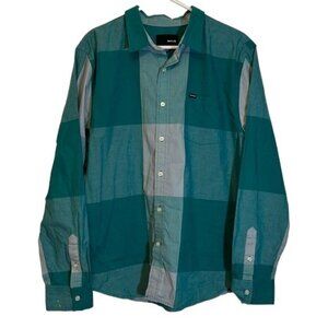 Men's Hurley Plaid Teal Chest Pocket Long Sleeve Button Down Shirt Size XL EUC